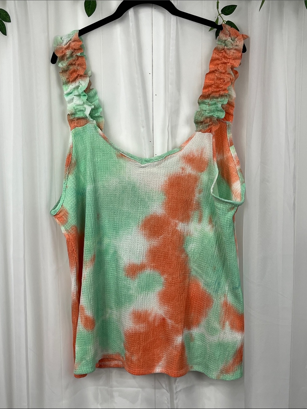 Bibi Womens Pullover Tank XL Mint Green Orange Gauzy Stretch Ruffle Straps NWOT